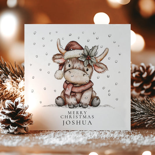 Personalised Highland Cow Christmas Card, Cute Hand Drawn Xmas Card, Custom Name Christmas Card, Kids Christmas Card, Printed and Posted