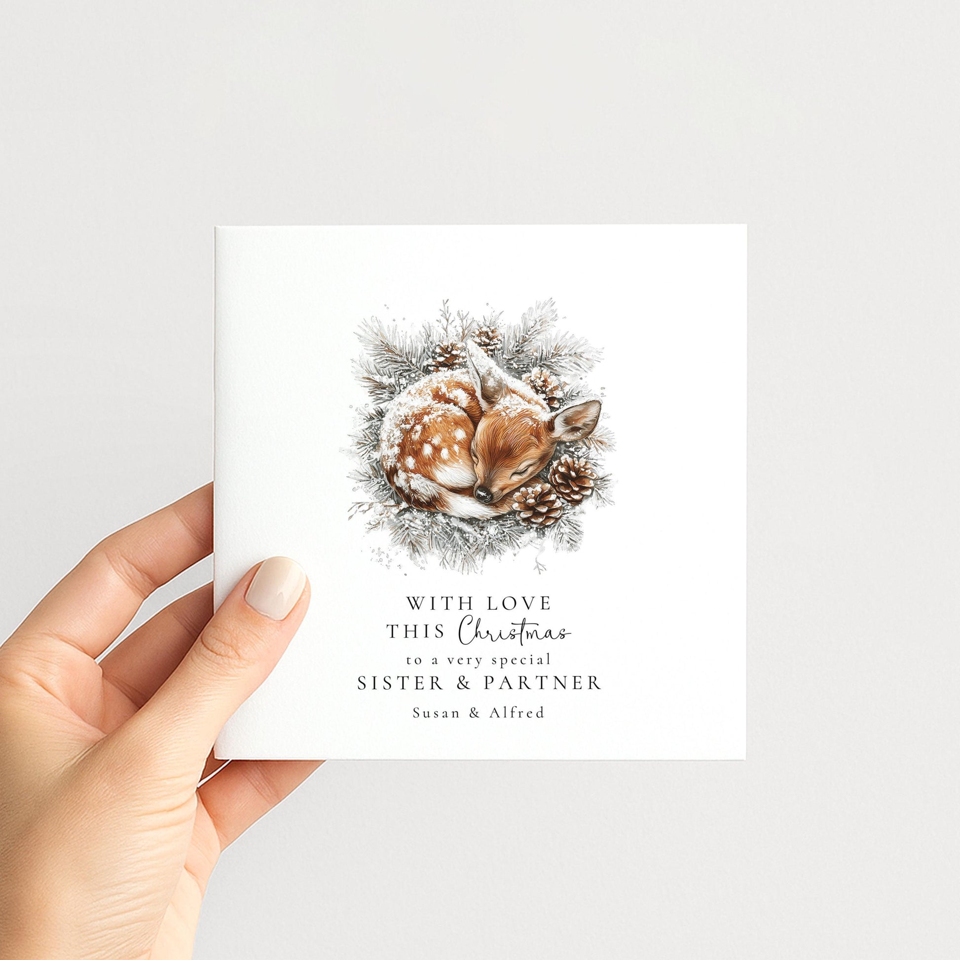 Sister & Partner Christmas Card, Personalised Deer Xmas Card, Winter Woodland Card