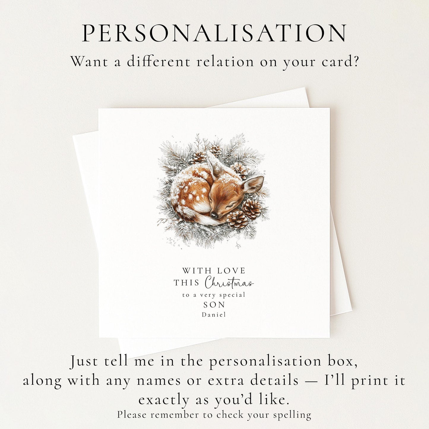 Son Christmas Card, Personalised Deer Xmas Card, Cute Winter Son Card