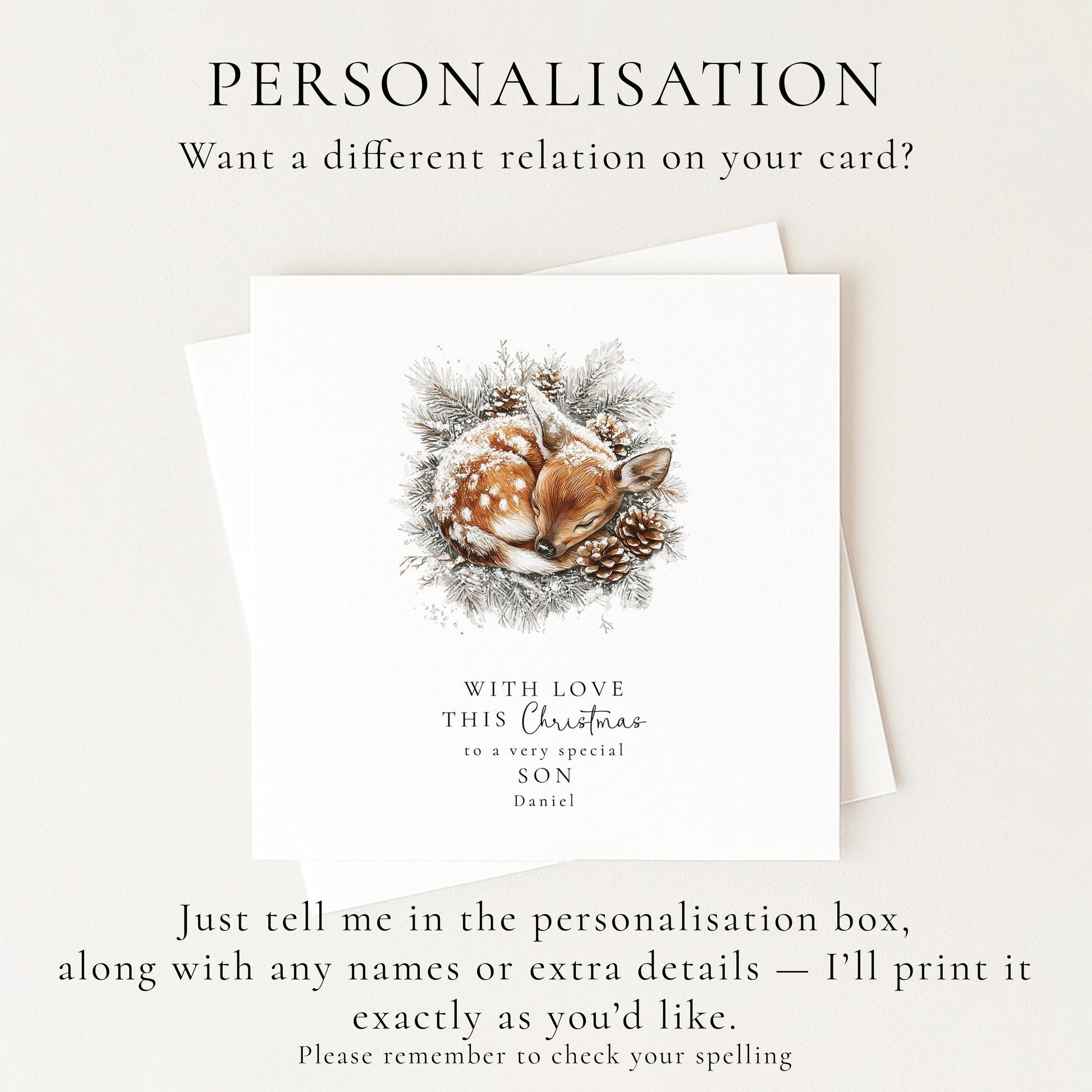 Son Christmas Card, Personalised Deer Xmas Card, Cute Winter Son Card