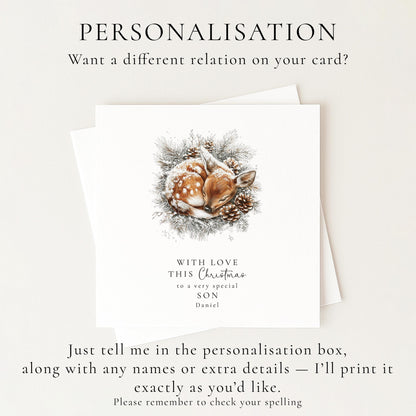 Son Christmas Card, Personalised Deer Xmas Card, Cute Winter Son Card