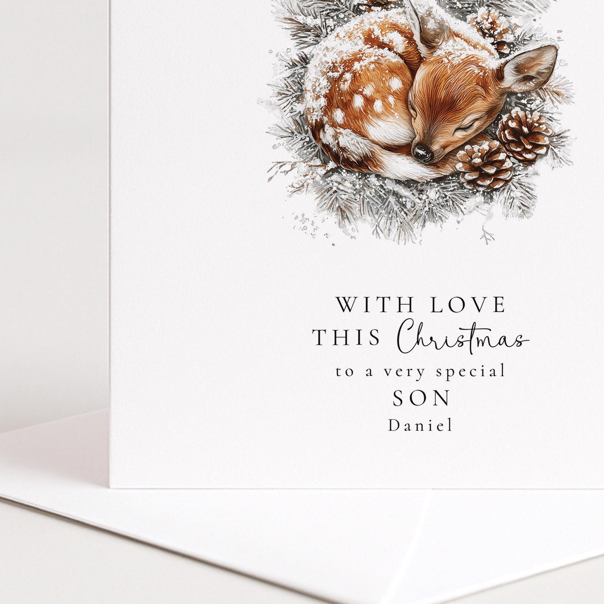 Son Christmas Card, Personalised Deer Xmas Card, Cute Winter Son Card