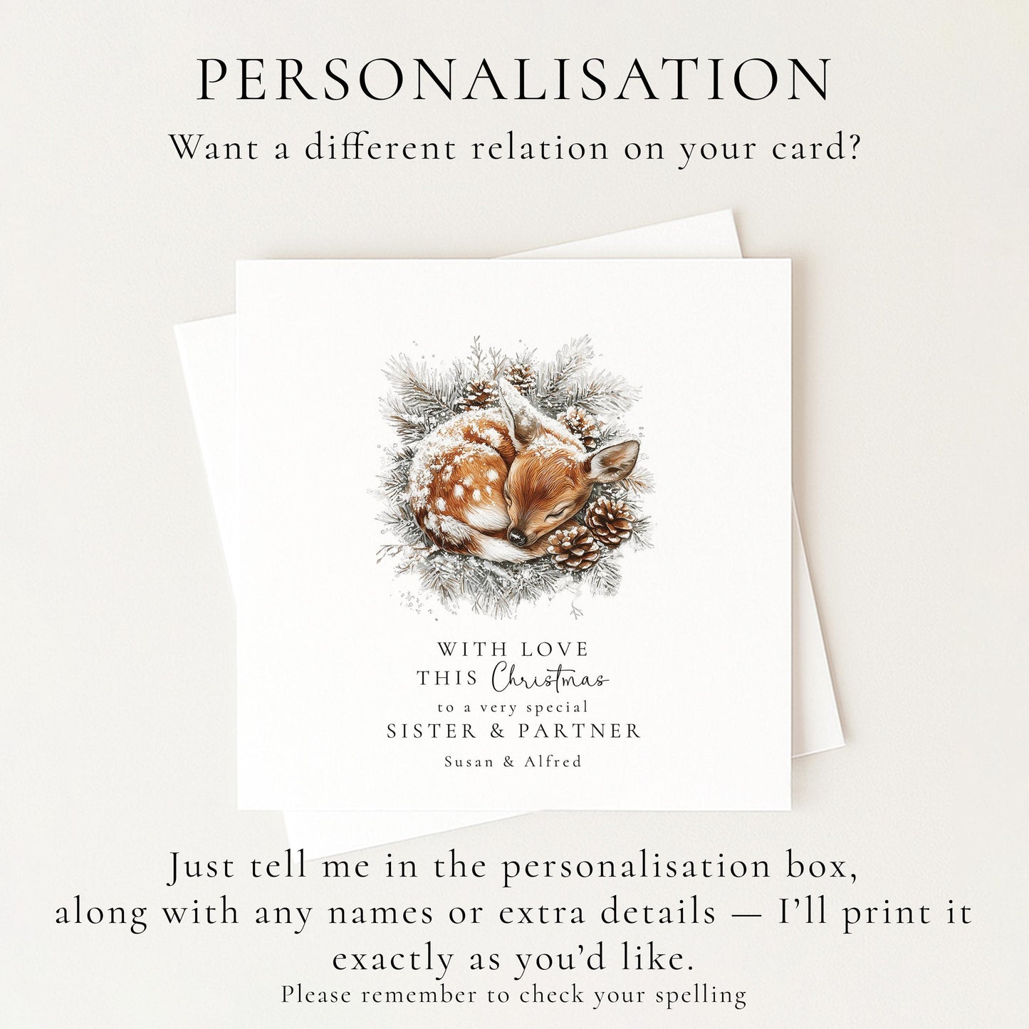 Sister & Partner Christmas Card, Personalised Deer Xmas Card, Winter Woodland Card