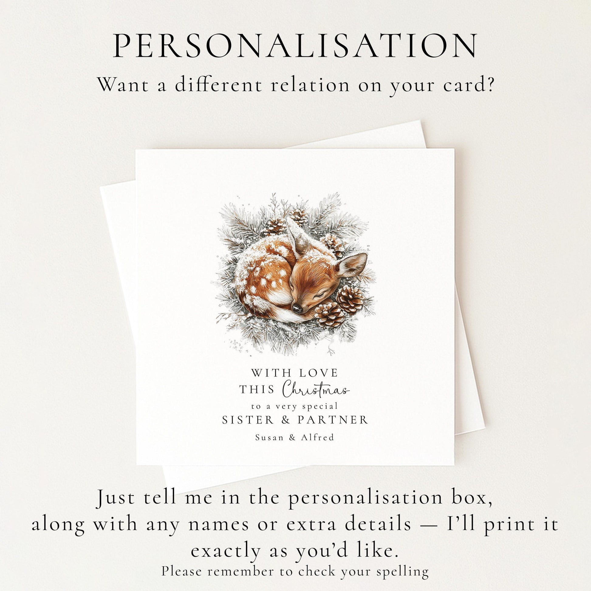Sister & Partner Christmas Card, Personalised Deer Xmas Card, Winter Woodland Card