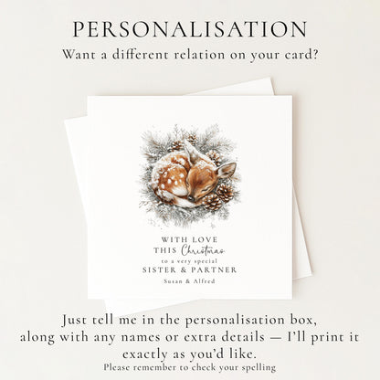 Sister & Partner Christmas Card, Personalised Deer Xmas Card, Winter Woodland Card