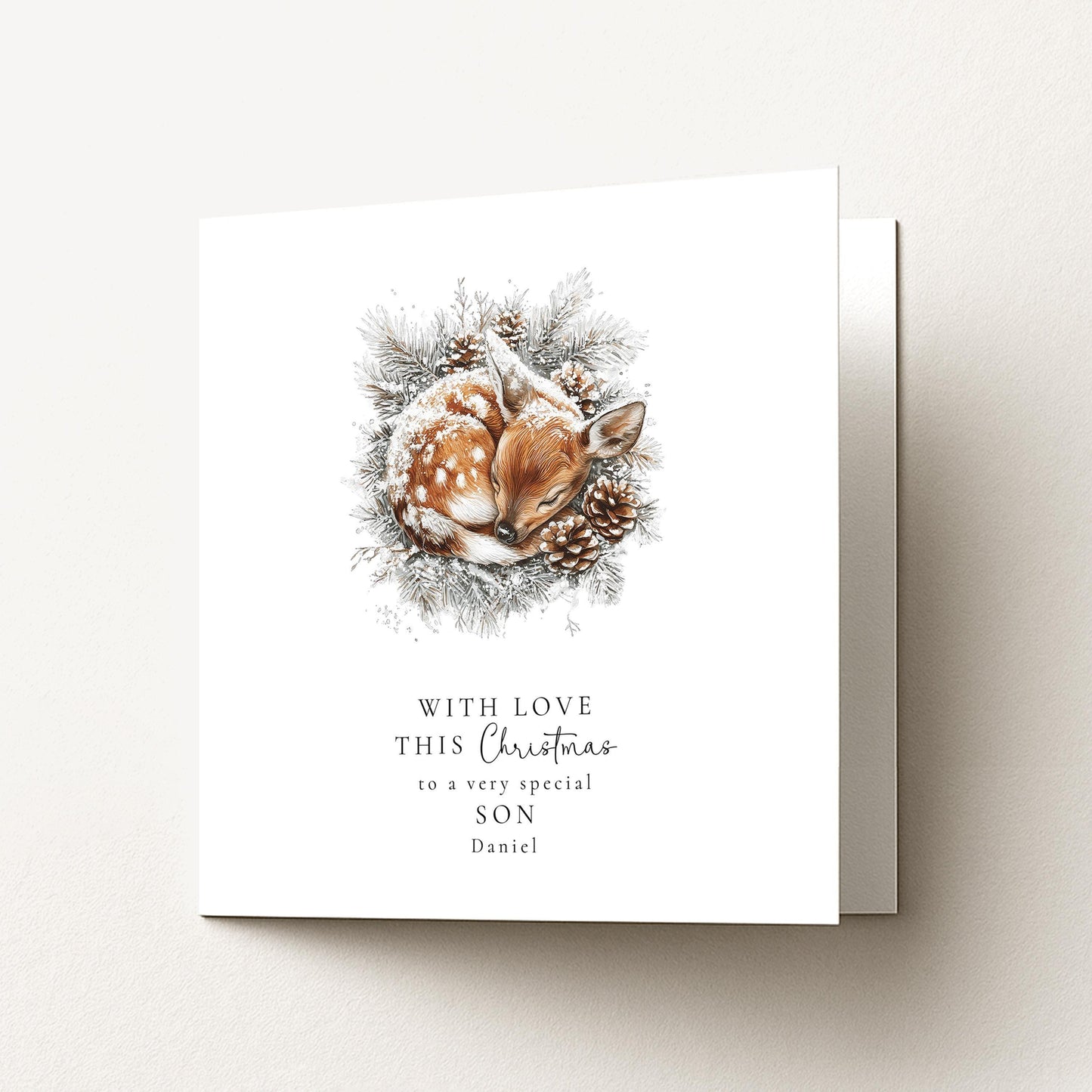 Son Christmas Card, Personalised Deer Xmas Card, Cute Winter Son Card