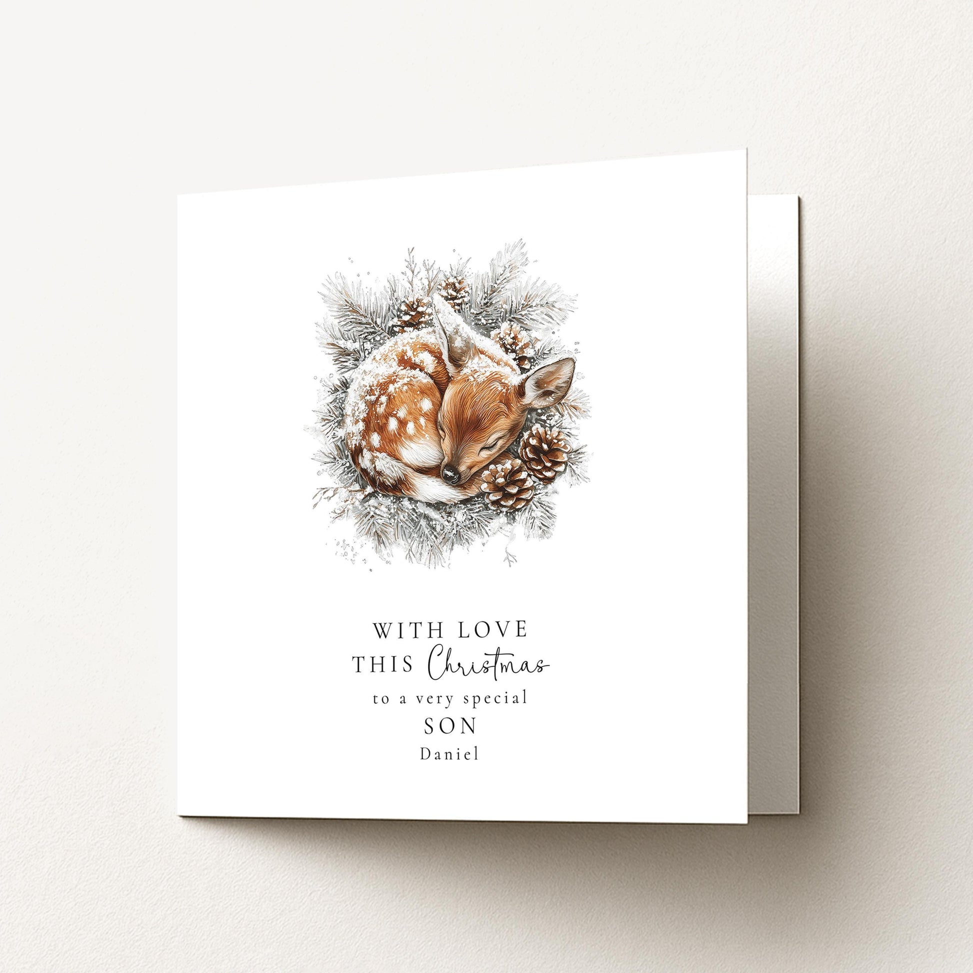 Son Christmas Card, Personalised Deer Xmas Card, Cute Winter Son Card