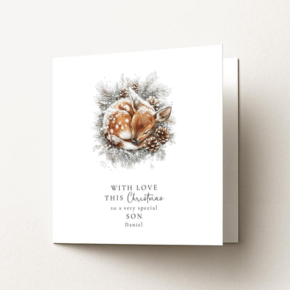 Son Christmas Card, Personalised Deer Xmas Card, Cute Winter Son Card