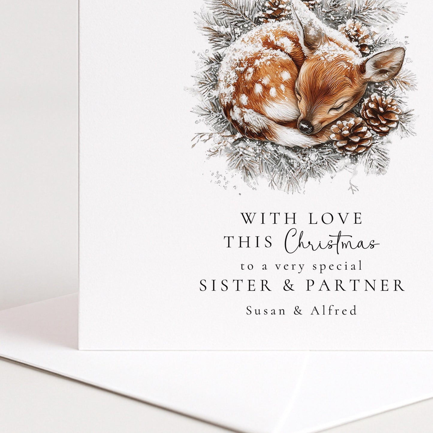 Sister & Partner Christmas Card, Personalised Deer Xmas Card, Winter Woodland Card