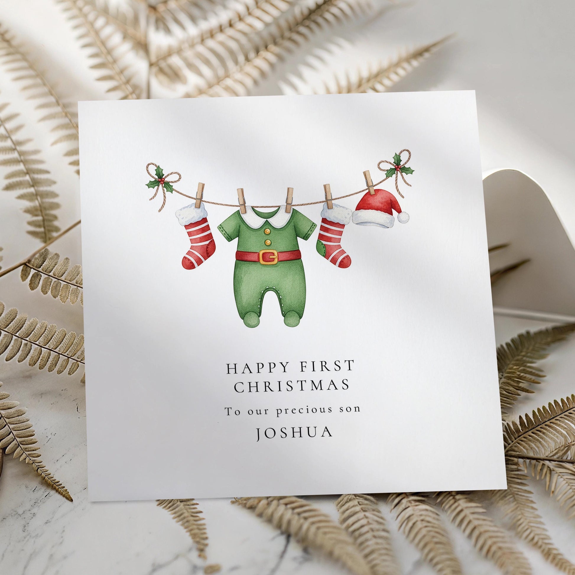 Baby Boy First Christmas Card for Son, Personalised 1st Christmas Card Elf Outfit New Baby Xmas Card Printed Keepsake from Parents or Family