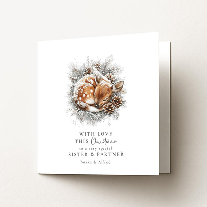 Sister & Partner Christmas Card, Personalised Deer Xmas Card, Winter Woodland Card