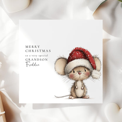Personalised Grandson Christmas Card, Cute Mouse Xmas Card, Custom Name Christmas Card for Grandson, Kids Holiday Card