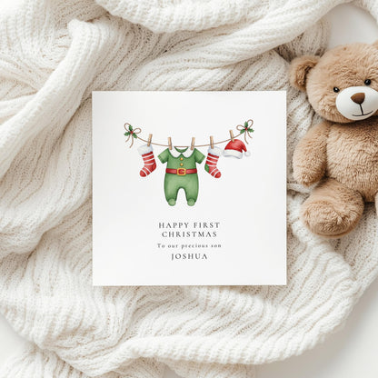 Baby Boy First Christmas Card for Son, Personalised 1st Christmas Card Elf Outfit New Baby Xmas Card Printed Keepsake from Parents or Family