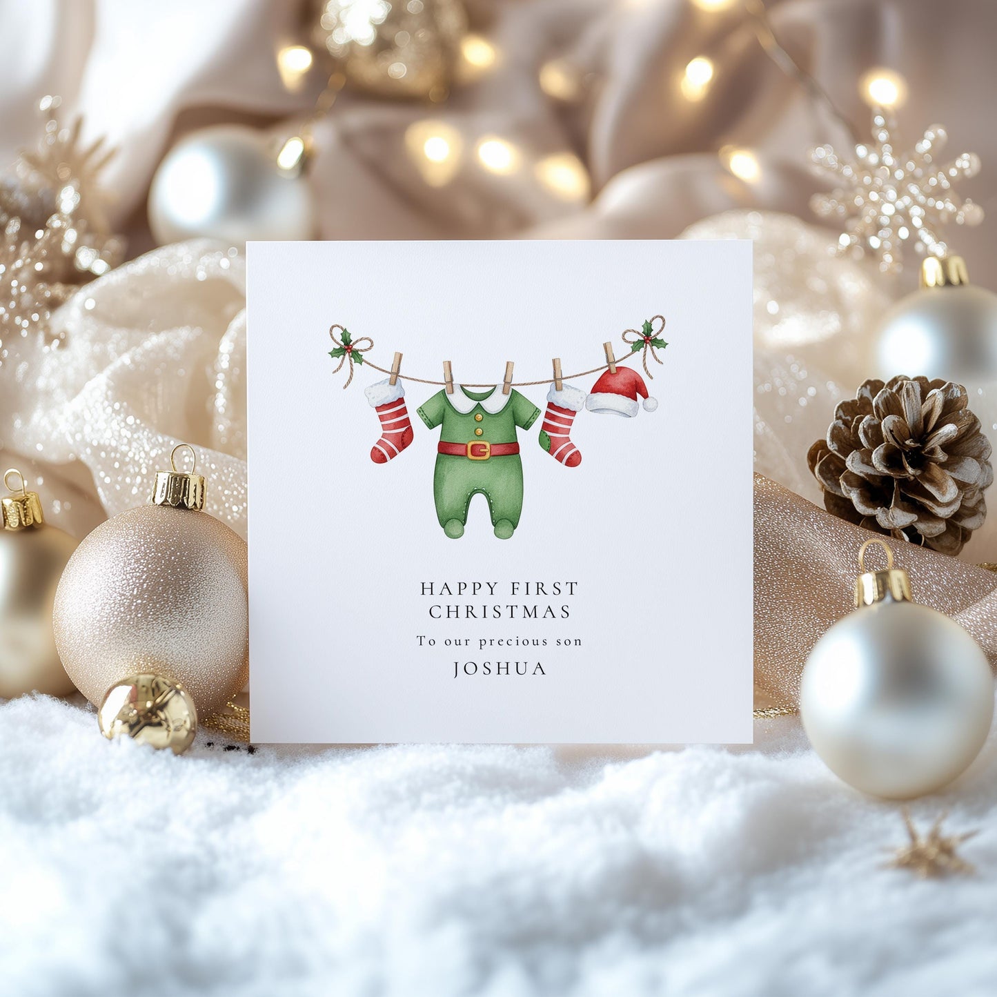 Baby Boy First Christmas Card for Son, Personalised 1st Christmas Card Elf Outfit New Baby Xmas Card Printed Keepsake from Parents or Family