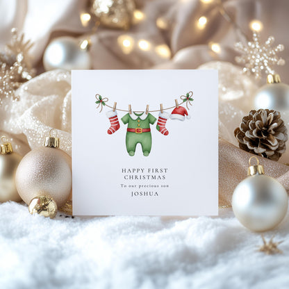 Baby Boy First Christmas Card for Son, Personalised 1st Christmas Card Elf Outfit New Baby Xmas Card Printed Keepsake from Parents or Family