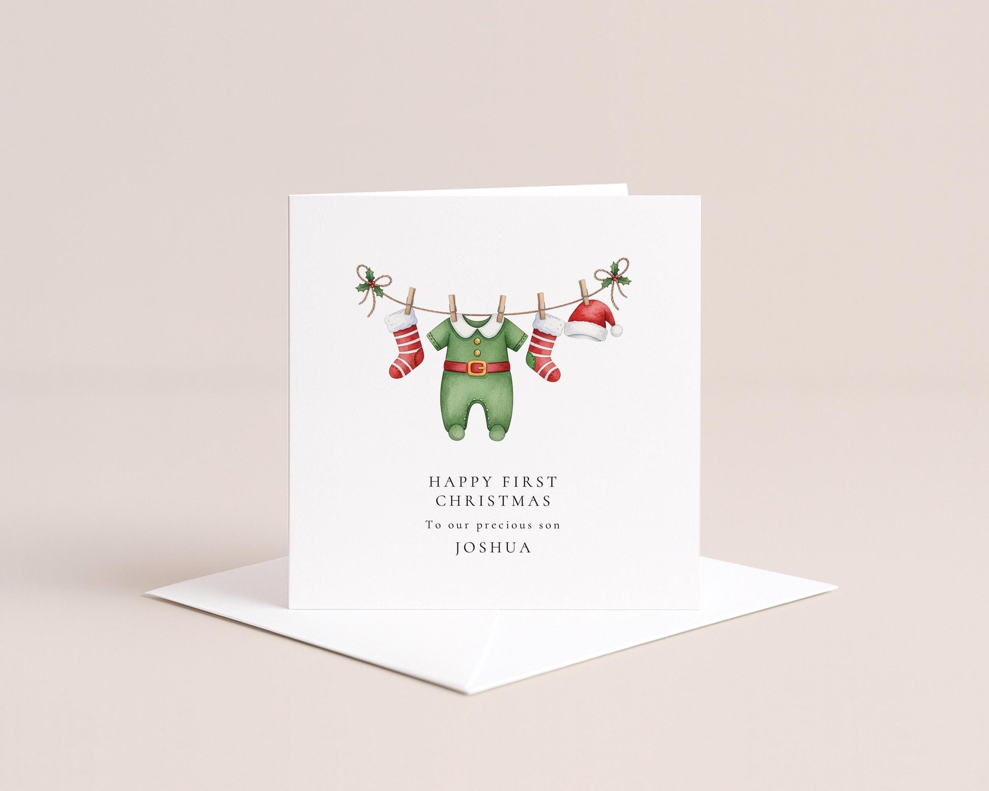 Baby Boy First Christmas Card for Son, Personalised 1st Christmas Card Elf Outfit New Baby Xmas Card Printed Keepsake from Parents or Family