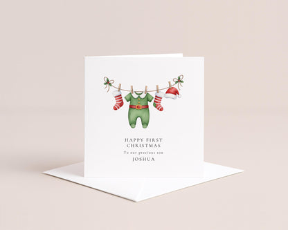 Baby Boy First Christmas Card for Son, Personalised 1st Christmas Card Elf Outfit New Baby Xmas Card Printed Keepsake from Parents or Family