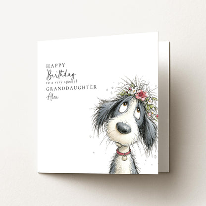 Granddaughter Birthday Card, Cute Dog Birthday Card, Personalised Granddaughter Card, Floral Dog Birthday Card, Printed Birthday Card