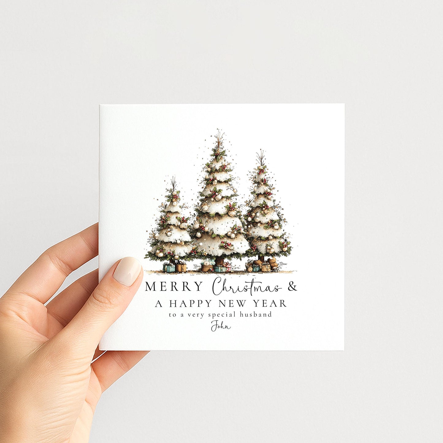 Christmas Husband Card, Personalised Merry Christmas Card for Husband, Custom Name Christmas Tree Card, Festive Greeting Card