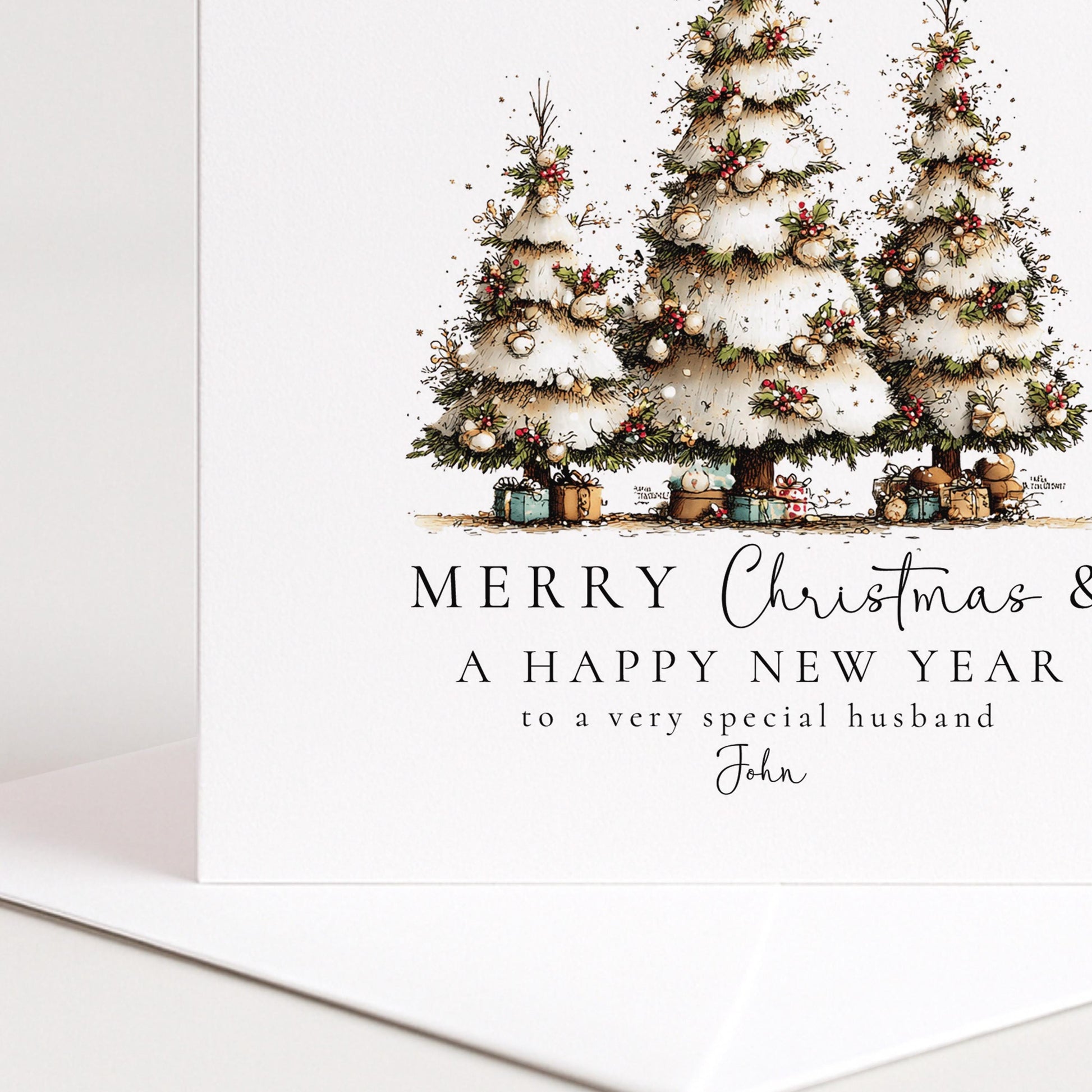 Christmas Husband Card, Personalised Merry Christmas Card for Husband, Custom Name Christmas Tree Card, Festive Greeting Card
