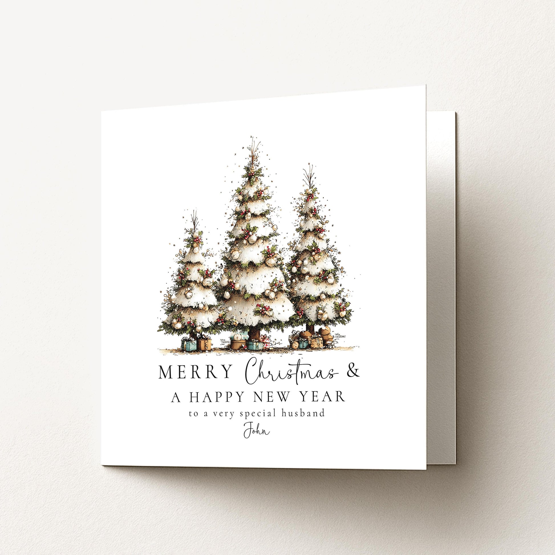 Christmas Husband Card, Personalised Merry Christmas Card for Husband, Custom Name Christmas Tree Card, Festive Greeting Card
