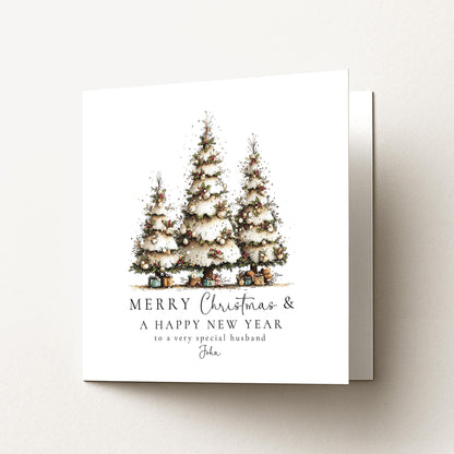 Christmas Husband Card, Personalised Merry Christmas Card for Husband, Custom Name Christmas Tree Card, Festive Greeting Card