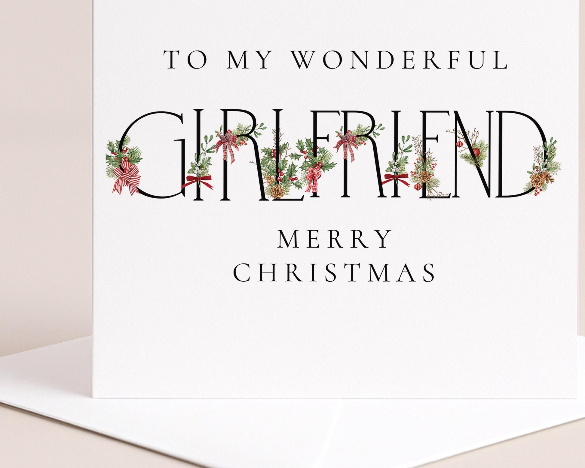Personalised Girlfriend Christmas Card: Romantic Design - Custom Name, Soft Colors