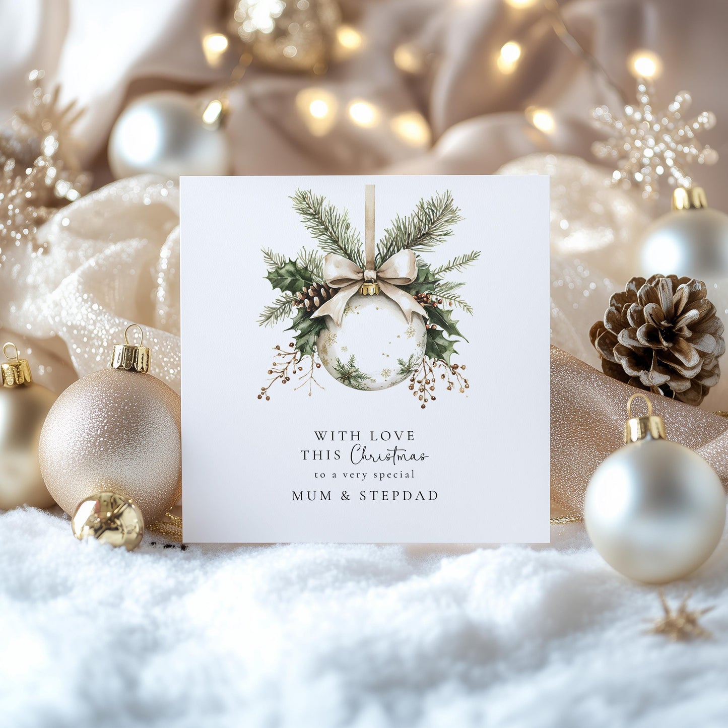Festive Bauble Card for Mum and Stepdad, Elegant Christmas Card, With Love This Christmas, Personalised Family Christmas Card