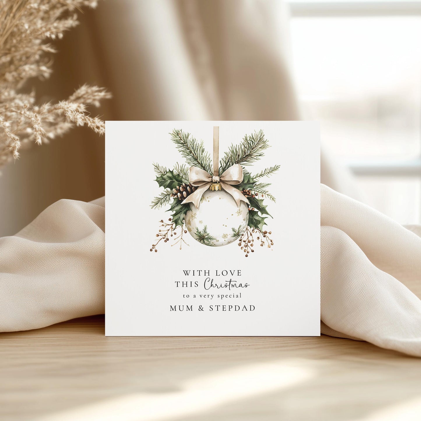Festive Bauble Card for Mum and Stepdad, Elegant Christmas Card, With Love This Christmas, Personalised Family Christmas Card