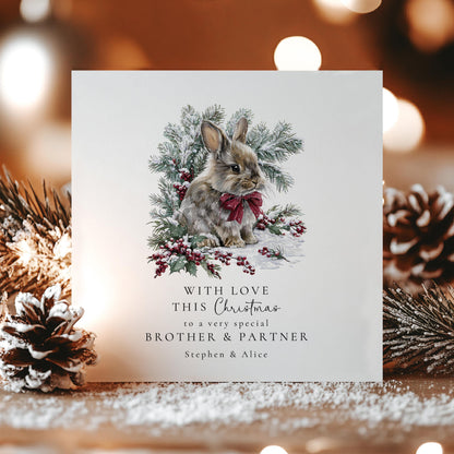 Personalised Christmas Card for Brother and Partner, Cute Bunny Xmas Card, Winter Rabbit Card, Family Christmas Card
