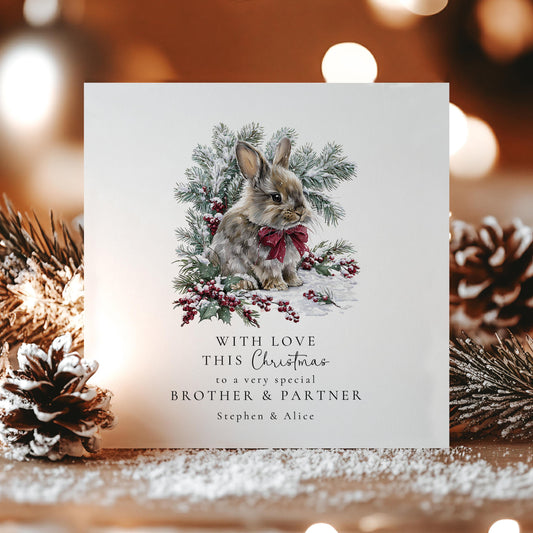 Personalised Christmas Card for Brother and Partner, Cute Bunny Xmas Card, Winter Rabbit Card, Family Christmas Card