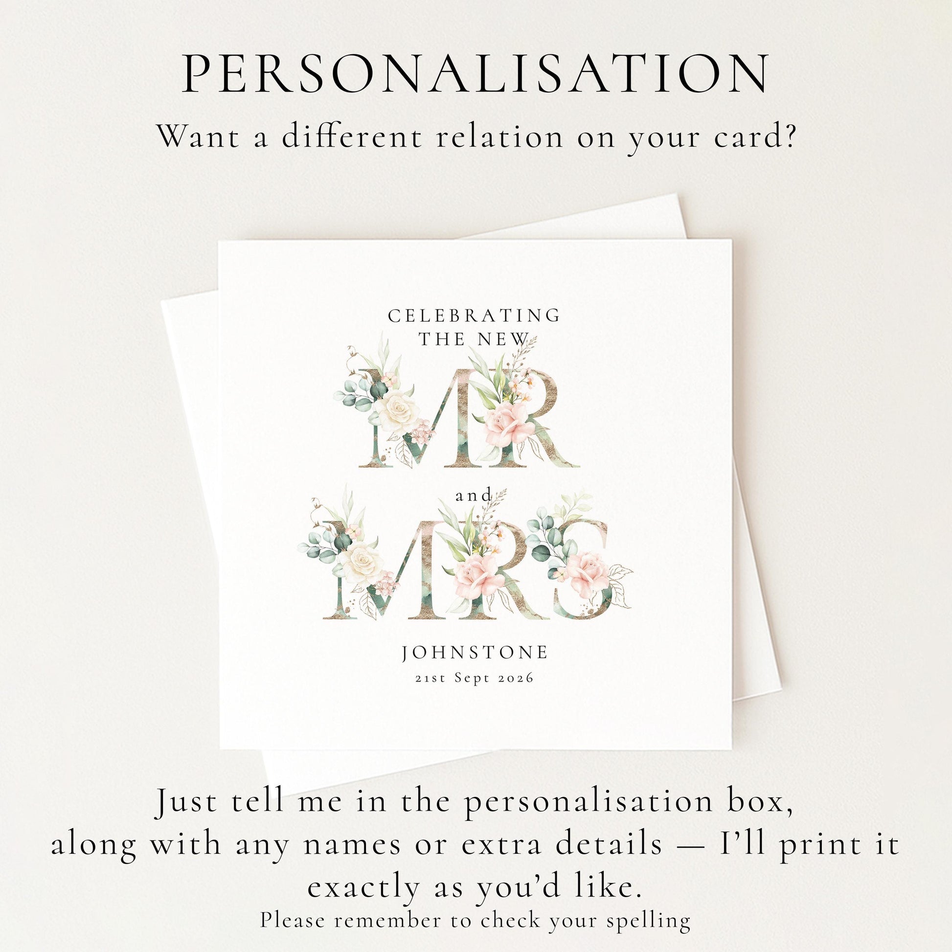 Personalised Wedding Card for Mr and Mrs, Floral Newlyweds Card, Elegant Wedding Card, Custom Couple Name Card