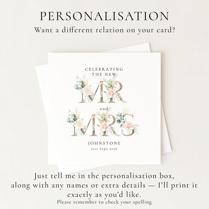 Personalised Wedding Card for Mr and Mrs, Floral Newlyweds Card, Elegant Wedding Card, Custom Couple Name Card