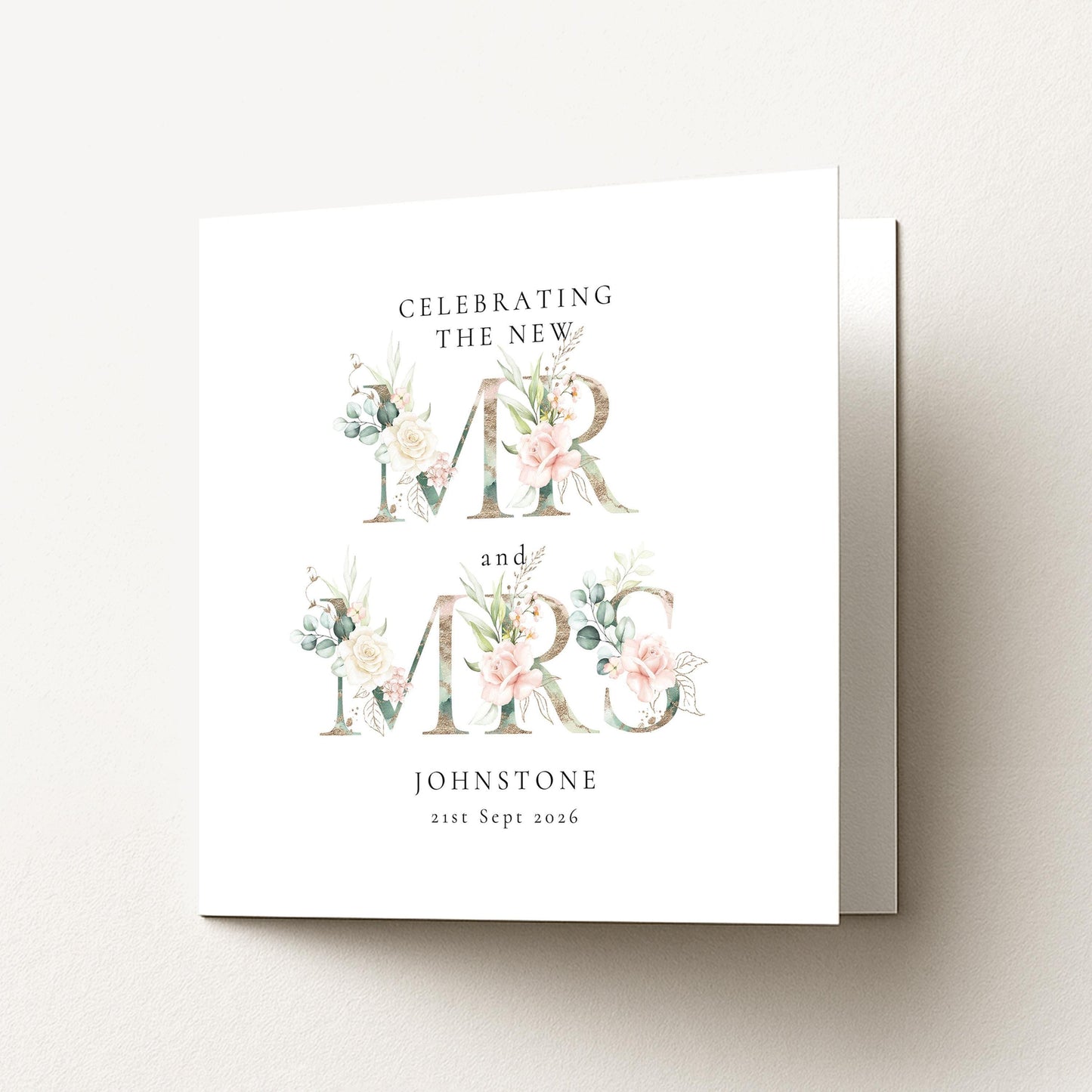 Personalised Wedding Card for Mr and Mrs, Floral Newlyweds Card, Elegant Wedding Card, Custom Couple Name Card
