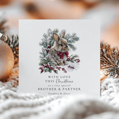 Personalised Christmas Card for Brother and Partner, Cute Bunny Xmas Card, Winter Rabbit Card, Family Christmas Card