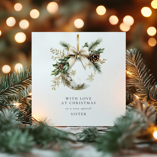 Christmas Card for Sister, With Love at Christmas, Elegant Bauble Design, Special Sister Christmas Card, Luxury Floral Festive Card