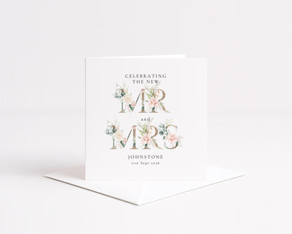 Personalised Wedding Card for Mr and Mrs, Floral Newlyweds Card, Elegant Wedding Card, Custom Couple Name Card