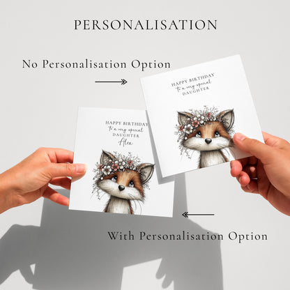 Daughter Birthday Card, Cute Fox Birthday Card, Personalised Daughter Card, Floral Crown Animal Card, Printed Girls Birthday Card