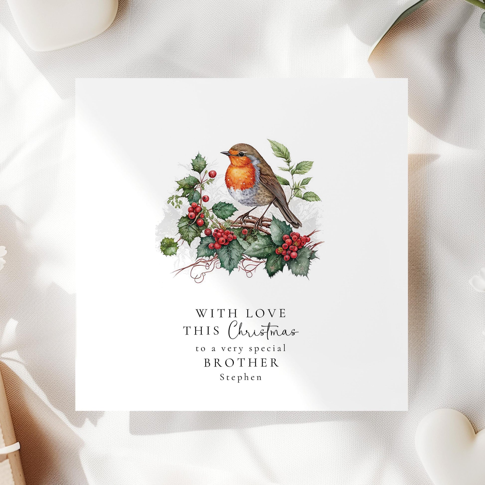 Personalised Brother Christmas Card, Robin Christmas Card for Brother, Special Brother Xmas Card, Custom Name Card