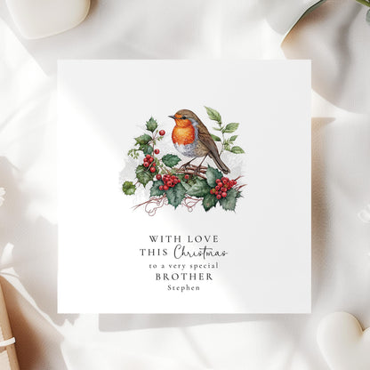 Personalised Brother Christmas Card, Robin Christmas Card for Brother, Special Brother Xmas Card, Custom Name Card