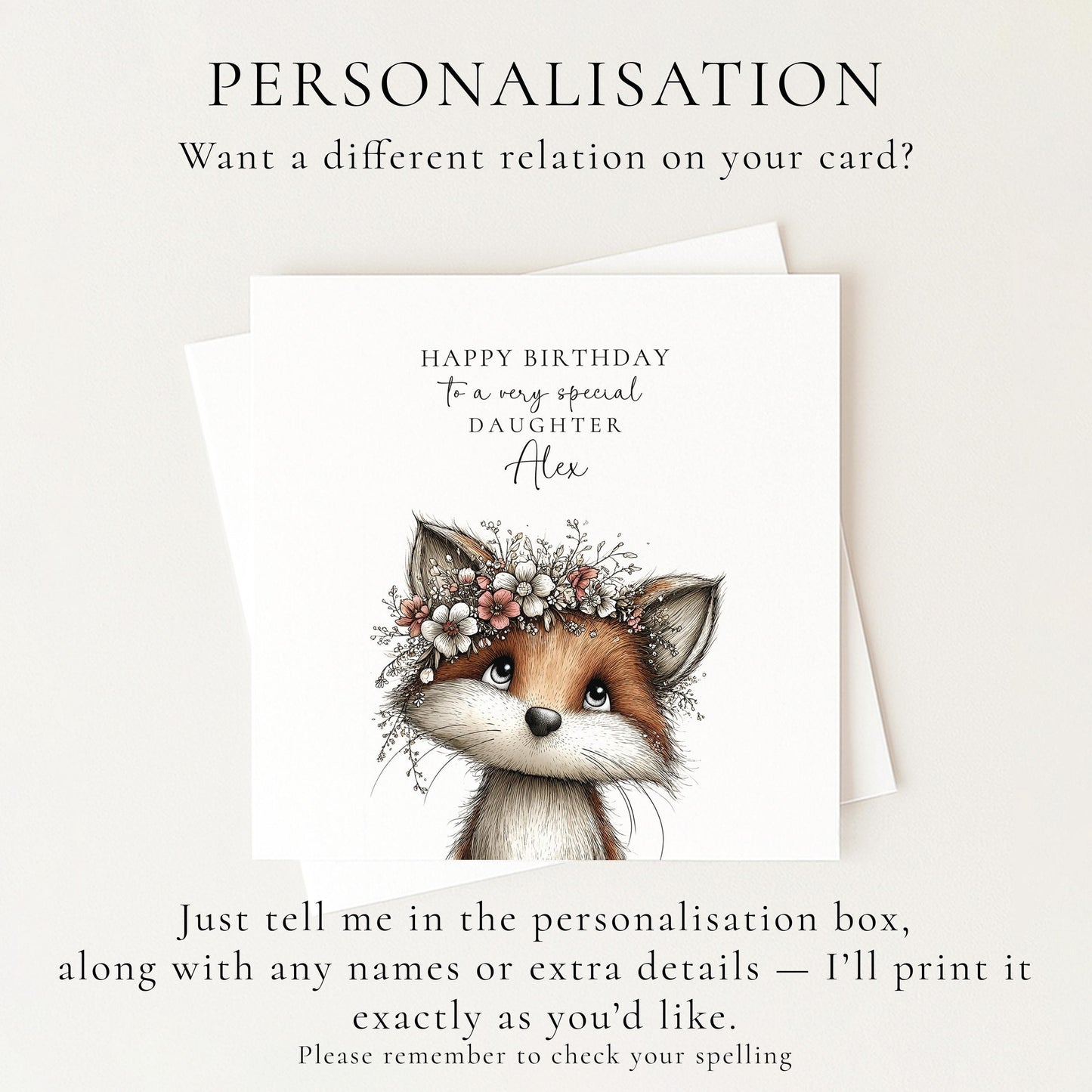Daughter Birthday Card, Cute Fox Birthday Card, Personalised Daughter Card, Floral Crown Animal Card, Printed Girls Birthday Card