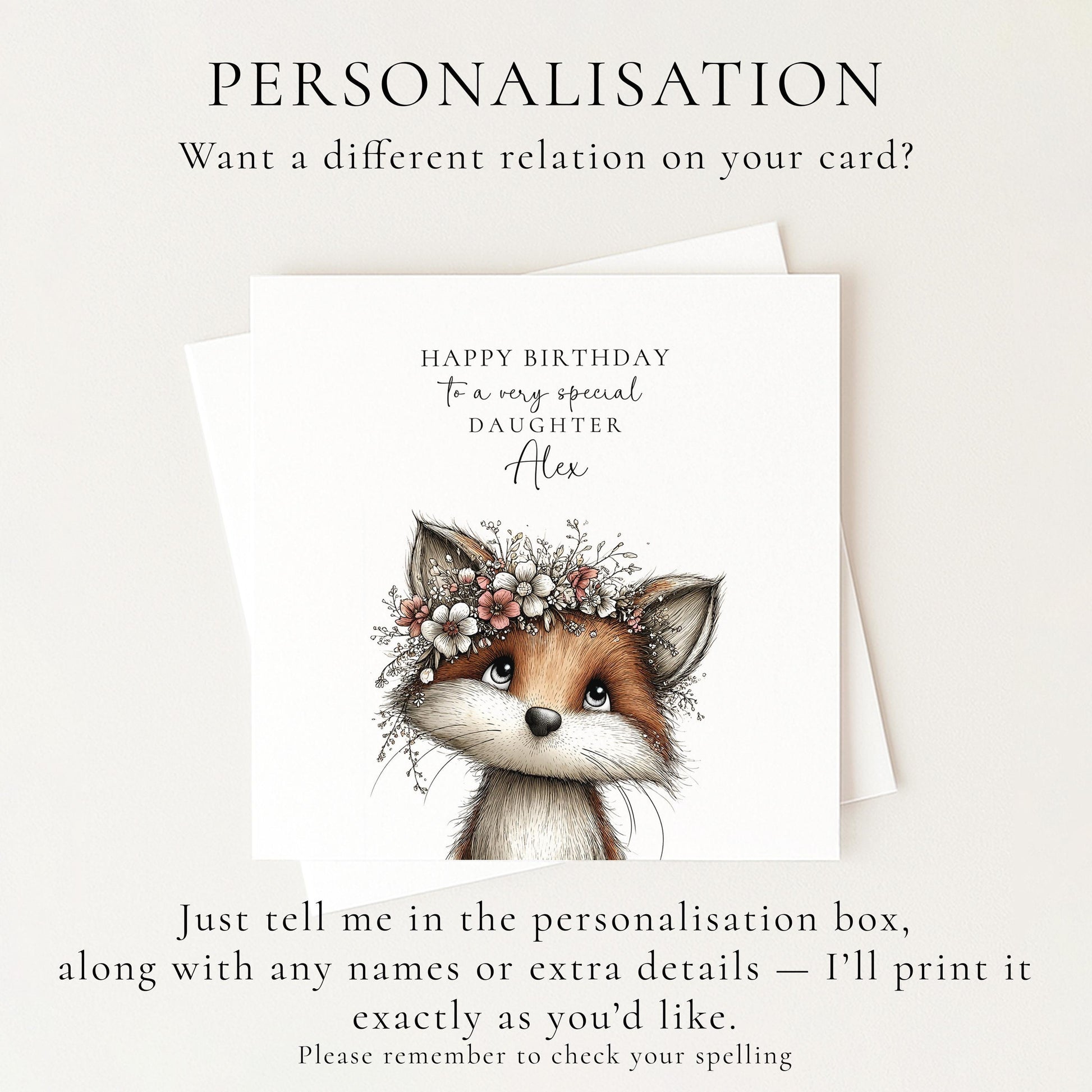Daughter Birthday Card, Cute Fox Birthday Card, Personalised Daughter Card, Floral Crown Animal Card, Printed Girls Birthday Card