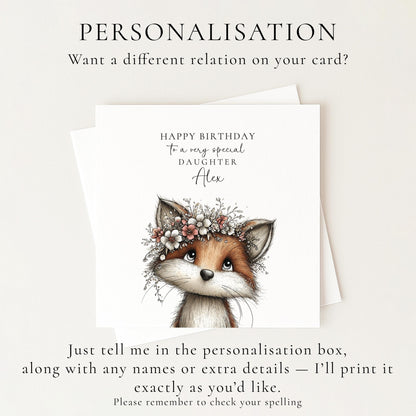 Daughter Birthday Card, Cute Fox Birthday Card, Personalised Daughter Card, Floral Crown Animal Card, Printed Girls Birthday Card