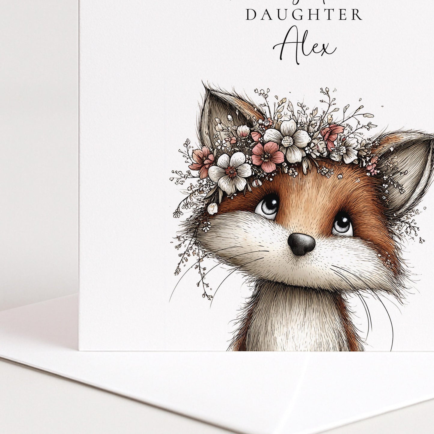 Daughter Birthday Card, Cute Fox Birthday Card, Personalised Daughter Card, Floral Crown Animal Card, Printed Girls Birthday Card