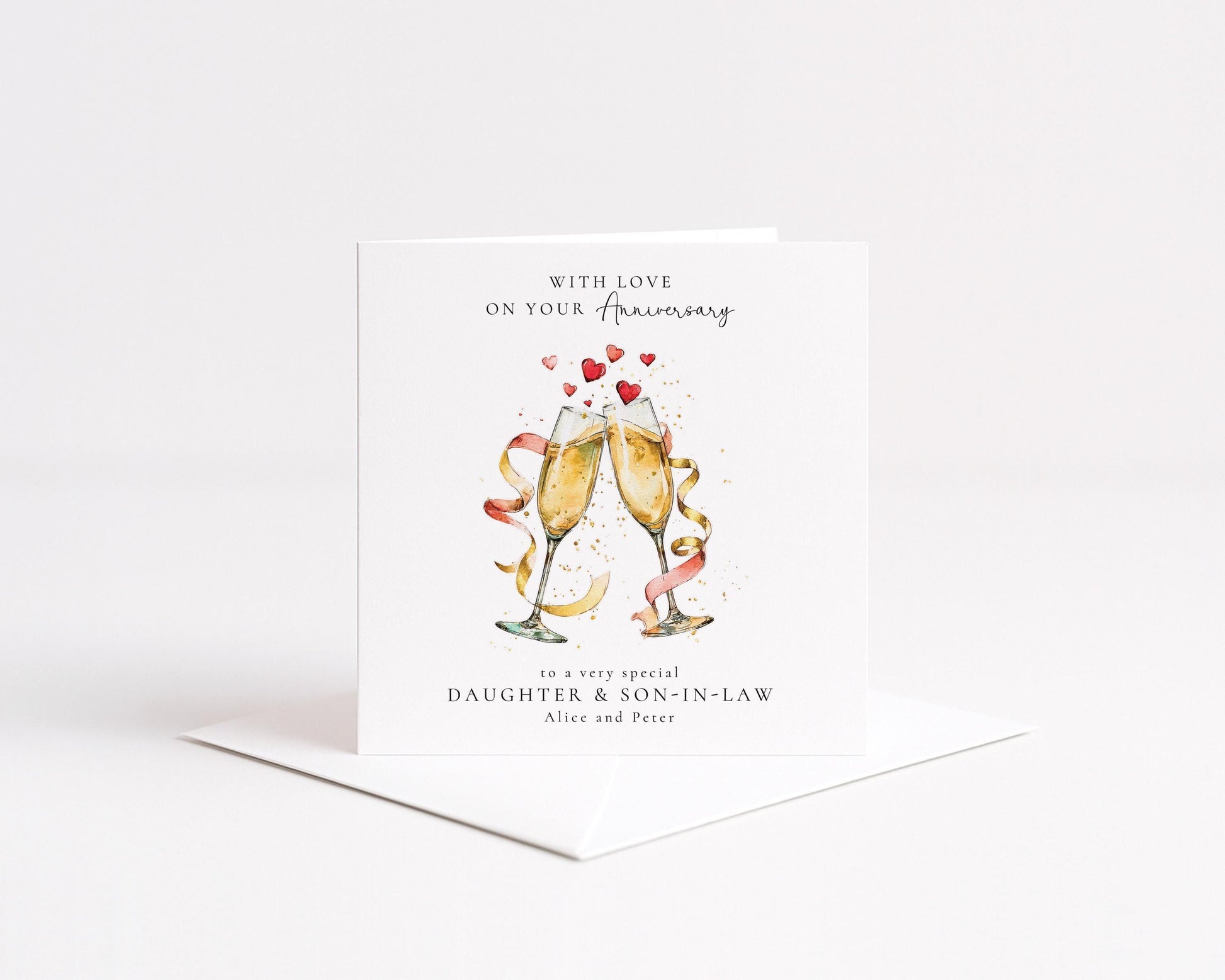 Personalised Anniversary Card for Daughter and son-in Law, Anniversary Card from Parents, Champagne Glasses Card, Custom Names