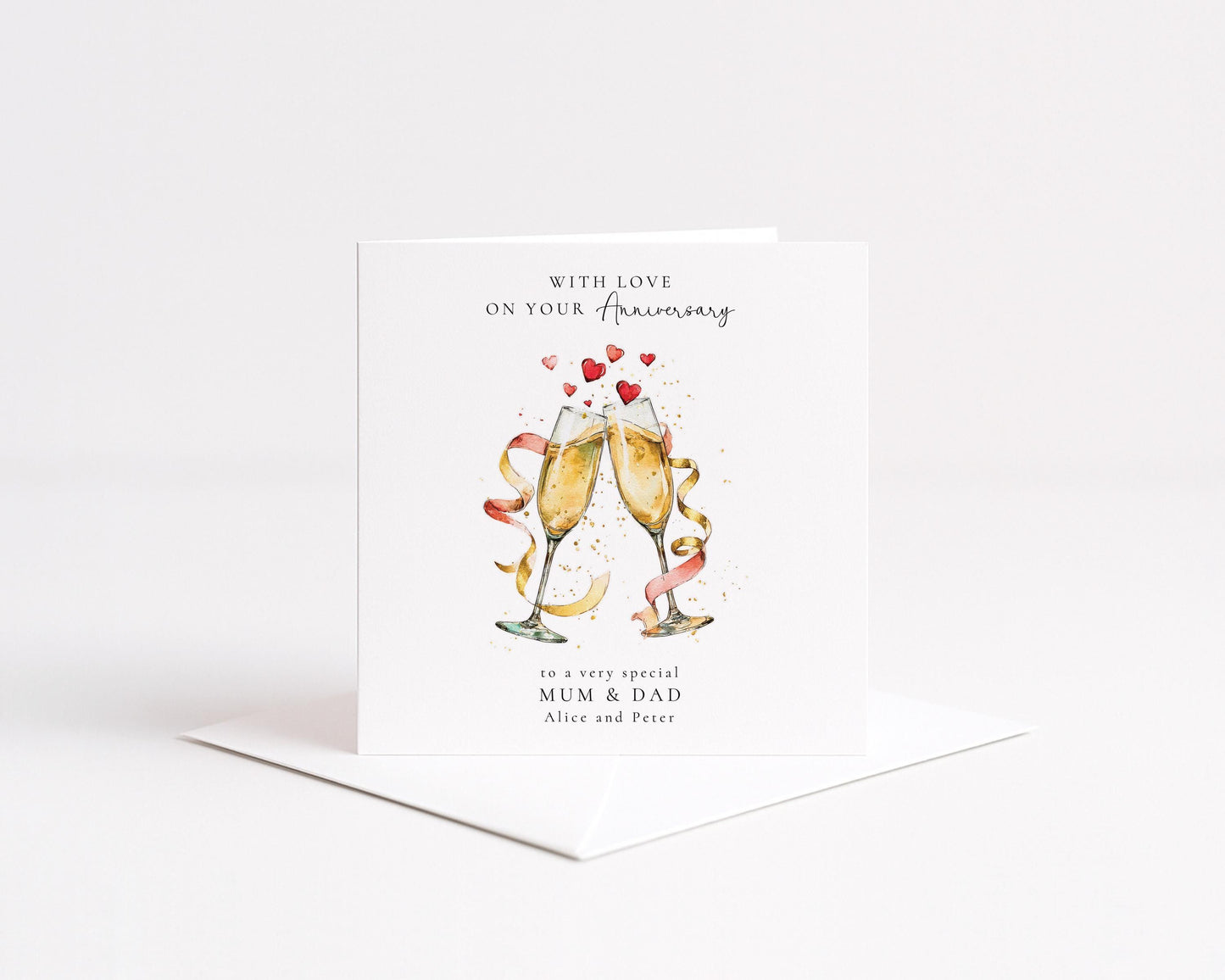 Personalised Anniversary Card for Mum and Dad, Anniversary Card for Parents, Champagne Glasses Card, Custom Names Card