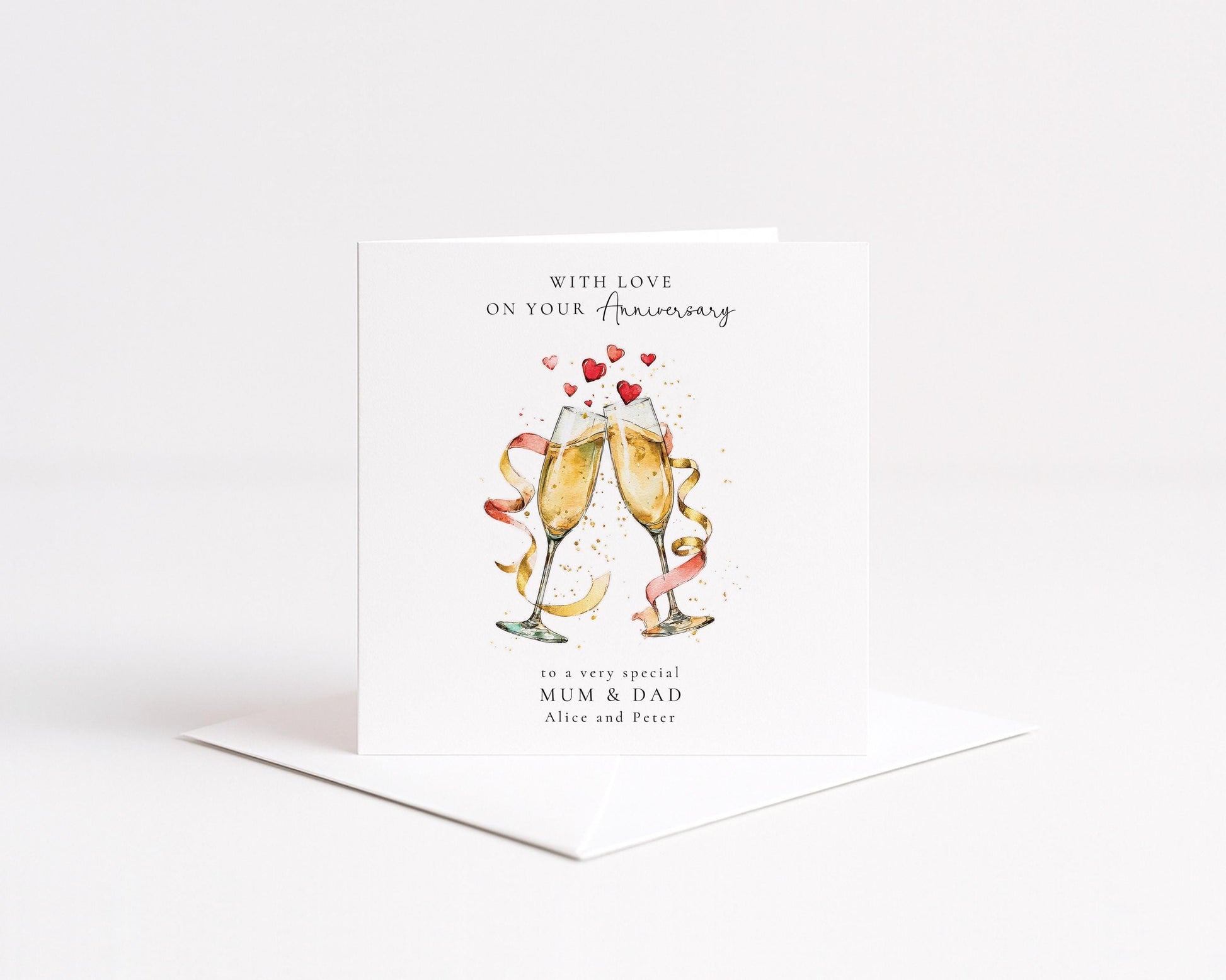 Personalised Anniversary Card for Mum and Dad, Anniversary Card for Parents, Champagne Glasses Card, Custom Names Card