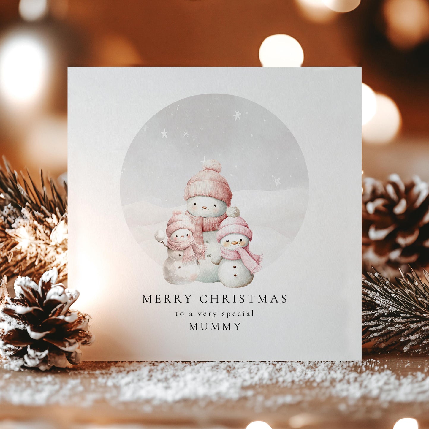 Christmas Card for Mummy from Daughters, Personalised Snowman Family Card, Cute Winter Scene, Custom Name Card for Mum