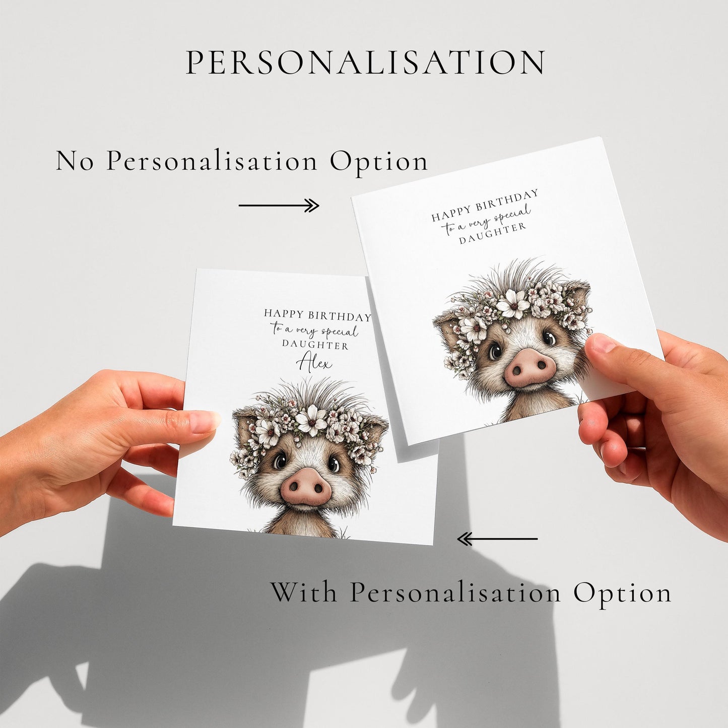 Daughter Birthday Card, Cute Piglet Birthday Card, Personalised Daughter Card, Floral Crown Animal Card, Printed Children’s Birthday Card