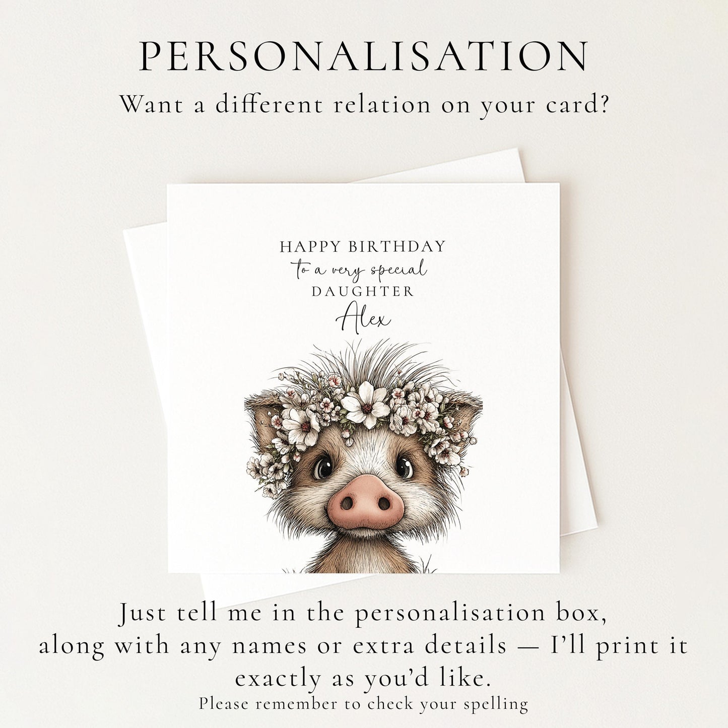 Daughter Birthday Card, Cute Piglet Birthday Card, Personalised Daughter Card, Floral Crown Animal Card, Printed Children’s Birthday Card